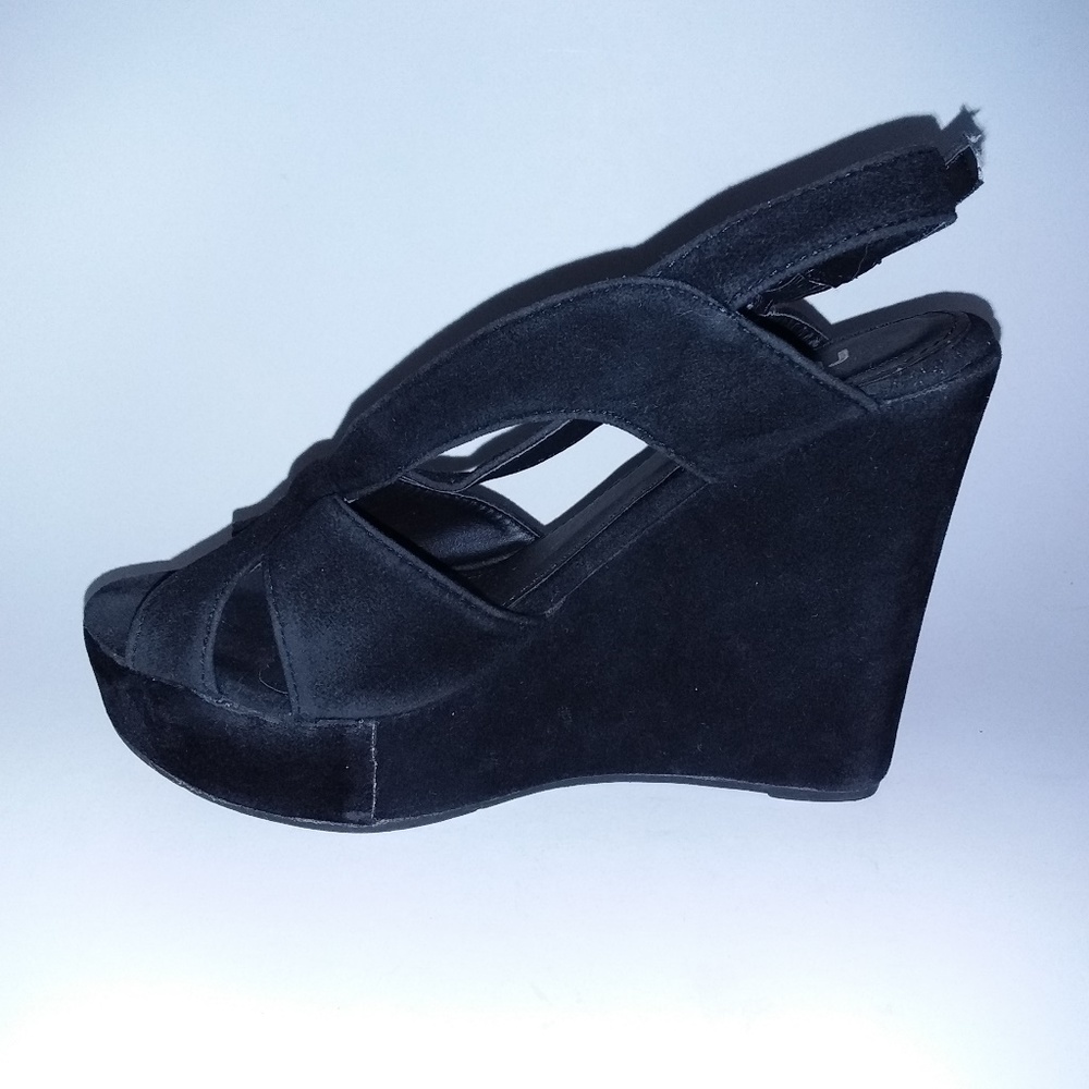 rubi Black Faux Velvet Wedge Platform Sandals